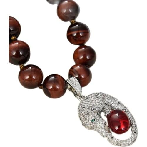GG Jewelry 18" Natural Round Red Tiger Eye Necklace CZ Pendant