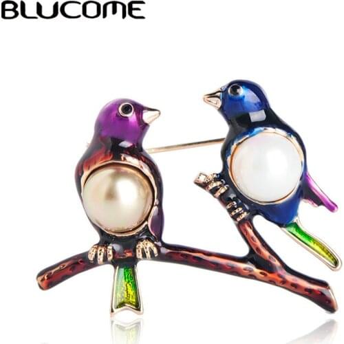 Blucome Fashion Two Birds Shape Pins Colorful Enamel Imitation Pearl Animal Magpie Brooches Women Party Suit Clothes Accessories