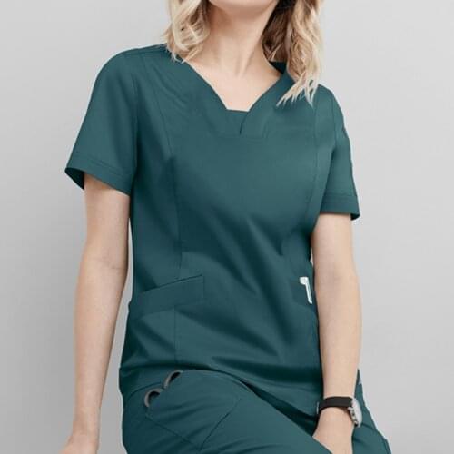Womens T Shirts 2021 Soild Short Sleeve V-neck Pocket Care Workers Shirt Top Sexy Summer Solid Color Uniforme
