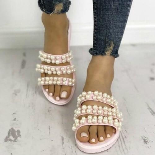 2020 Pearl Home Household Slippers Womens Crystal String Beaded Ladies Fahion Outdoor Flats Bottom Beach Sandals Elegant Shoes