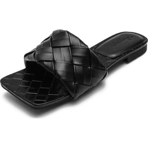 New square toe big woven one-word drag flat sandals large 34-43 women slippers 2021