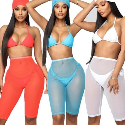 Hirgin Womens See Through Fishnet Mesh Shorts Sheer Bikini Cover Up High Waist Shorts
