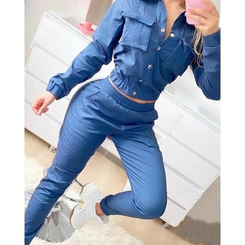 2020 Women Safari Style Autumn Turn-down Collar Crop Top & Long Pants Set Casual Chic Solid Long Sleeve Fitting Denim Suit Sets