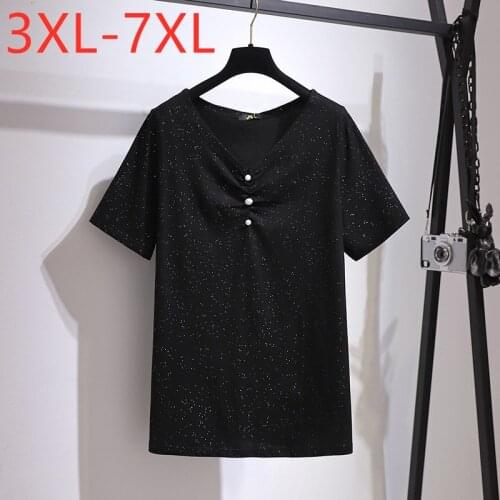 New 2021 Ladies Summer Plus Size Tops For Women Large Short Sleeve Loose Black Cotton Sequins V-neck T-shirt 3XL 4XL 5XL 6XL 7XL