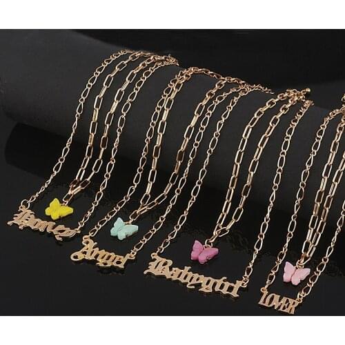 Hot Acrylic Butterfly Necklace Women Gold Double Layer Chain Letter Angel Lover Pendant Choker Necklace Female Jewelry Best Gift