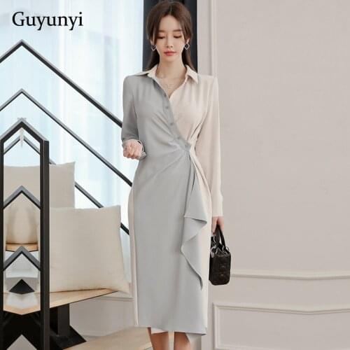 Elegant Office Shirt Dress 2021 Autumn Turn-Down Collar High Waist Single Breasted Asymmetric Temperament Women Party Dress