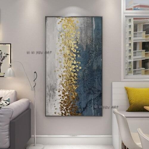 100% Handmade Oil Abstract Painting Modern Blue and White Gold Leaf Wall Art On Canvas For Living Room Office Decorations