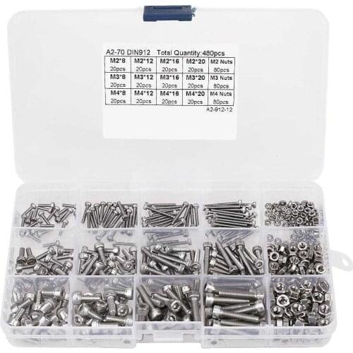 480PCS Screw and Nut Kit Assorted Hex Socket Head Cap Bolts Nuts M2/M3/M4 Stainless Steel Screw and Nuts Hex Socket Screws Set