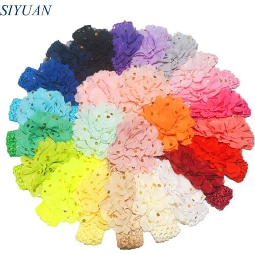 60pcs/lot U Pick Color Elastic Crochet holes Headband with 10cm Polka Dot Chiffon Flower Newborn Photography Props FD250