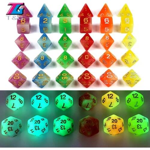 Mix-Colour 7pc/lot Glow in the dark RPG Dice for DnD,D4,d6,d8,d10,d10%,d12,d20 Purple, Blue, Green,Red,Orange,Yellow Board Game