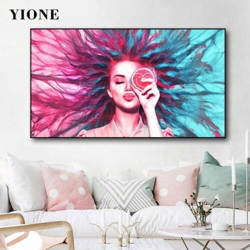 Abstract Lemon Girl Canvas Painting Custom Blue Pink Art Figure Woman Poster Print Wall Picture for Living Room Bedroom Decor