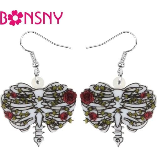 Bonsny Acrylic Halloween Gray Skeleton Skull Earrings Print Big Dangle Drop Jewelry For Women Girls Kids Novelty Festival Gift