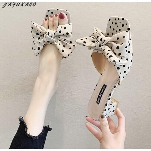 Fashion Square Heel Slippers Women Elegant Outdoor Dress Slides Summer Sweet Polka Dot Butterfly-Knot High Heels Sandals 35-40