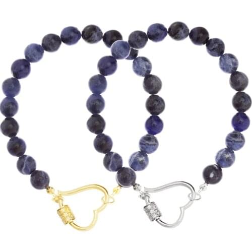 Chunky Fashion Jewelry natural stone Quartzs Lapis Lazuli Round Beaded Bracelets women heart metal beads hip hop lock bracelet