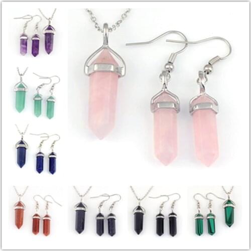 KFT Natural Healing Crystal Quartz Hexagon Column Stone Pendulum Stone Pendant Necklace Dangle Hook Earrings Jewelry Sets