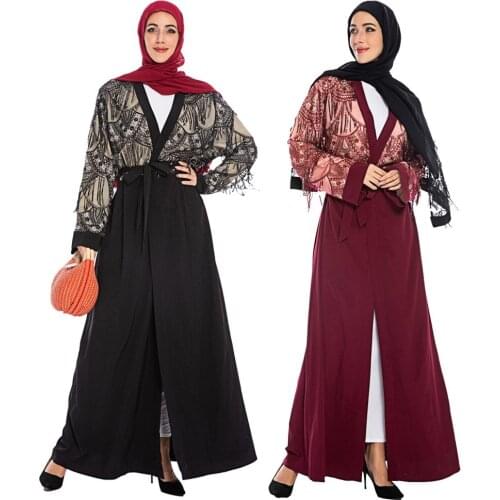 4 Colors Sequins Kimono Abaya Open Kaftan Tassel Long Cardigan Muslim Women Dress Jilbab Arab Patchwork Maxi Robe Gown Ramadan