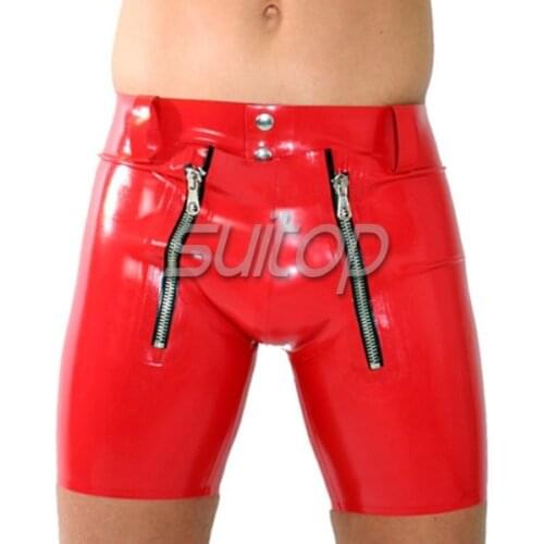 Suitop double zip latex short pant sexy rubber codpiece pants for men