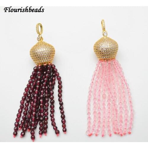Natural Faceted 3mm Garnet / Rose Quartz / White Howlite Turquoise Round Beads Tassel Pendants Paved CZ Metal Crown Cap
