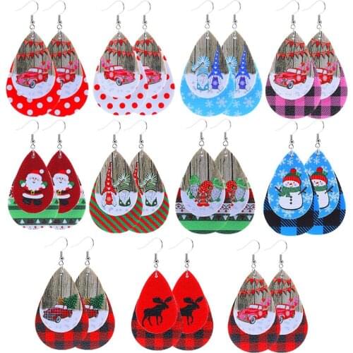 New! Christmas Buffalo Plaid Deer Teardrop Santa Claus Truck Faux Leather Earrings Two Layer Dots Xmas Leaf Earrings Brincos