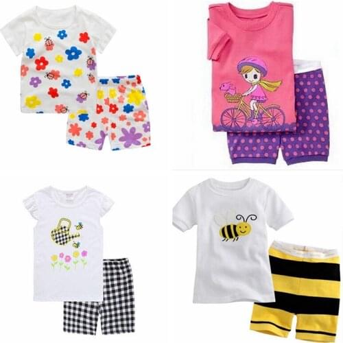 New Baby Girls Pajamas Clothes Suit Summer Flower Children Clothes Kids Bees Pyjamas 2 3 4 5 6 7 Year Cotton Shirt Plaid Pant