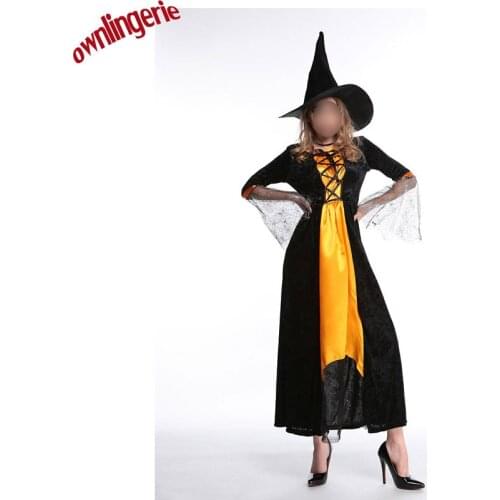 Witch New style Halloween Witch Robe Costumes Adult Sexy yellow and black long robe with Hat Carnival Party Female Suit costume