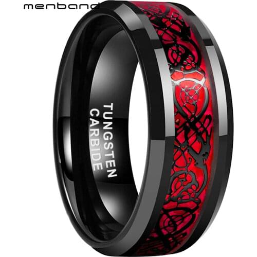Mens Womens Wedding Band Black Tungsten Ring With Red Opal Black Dragon Inlay 8MM Comfort Fit