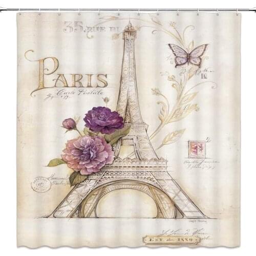 Paris Tower Shower Curtain Bathroom Decor Retro Style Flower Butterfly Polyester Fabric Home Bath Accessories Hanging Curtains