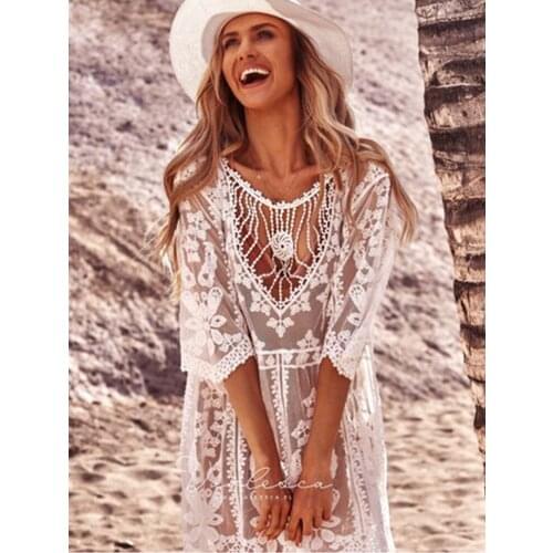 Sexy Lace Beach Dress Loose Bikini Cover Up Crochet Tunic White Hollow Beach Cover Up One Size Knitted Women Summer Clothing