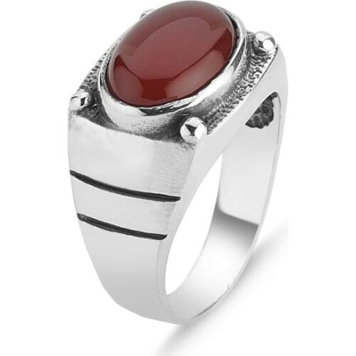 Silver 925 Sterling Oval Red Agate Stone Oxidized Ring