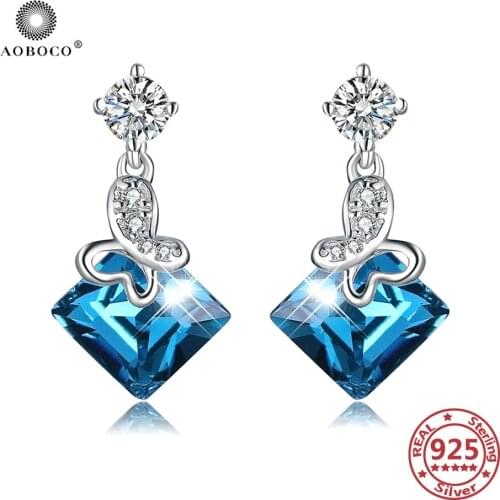AOBOCO 925 Sterling Silver Butterfly Drop Earrings Embellished With Crystal From Swarovski Wedding Jewelry 925 Mothers Day Gift