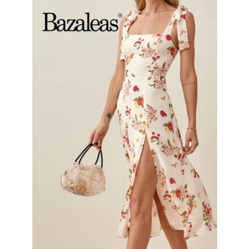 Bazaleas Chic golden Floral Print Dress Retro Dresses summer Vestidos Vintage Women Midi Dress