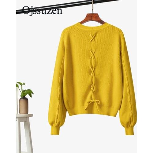 O Neck Sweaters Ladies Autumn Loose Long Sleeve Lace Up Pullovers Womens Knitted Jumper Soft Sexy Red Blue Top Clothing Woman