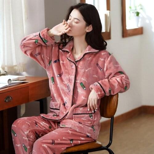 Warm Flannel Pajamas Set For Women Thick Coral Velvet Long Sleeve Pyjamas Sets nightgown Pijama Suit Mujer female Homewear