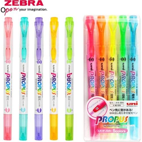 Uni 5 Colors/lot Propus Window Soft Color Double-Sided Highlighter Marker - 4.0 mm / 0.6 mm Round/Oblique PUS-102T