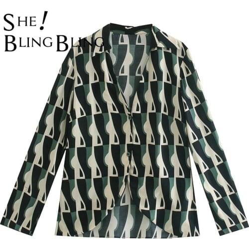 SheBlingBling 2021 Za Woman Casual Traf Blouses Summer Drop Shoulder Long Sleeve Asymmetric Hem Geo Print Chic Shirt Female Tops