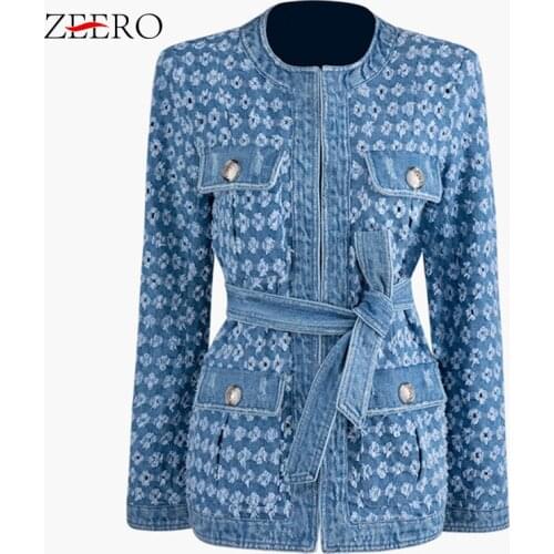 2019 Autumn Fashion Female Hollow Out Denim Coats and Jackets Women O Neck Long Sleeve Pocket Streetwear Jean Jacket with Belt