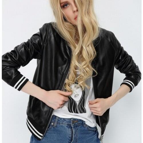 Brand Designer Women Casual Leather Bomber Jacket Embroidery Stand Collar Sheepskin Real Leather Jacket Streetwear Female Coat