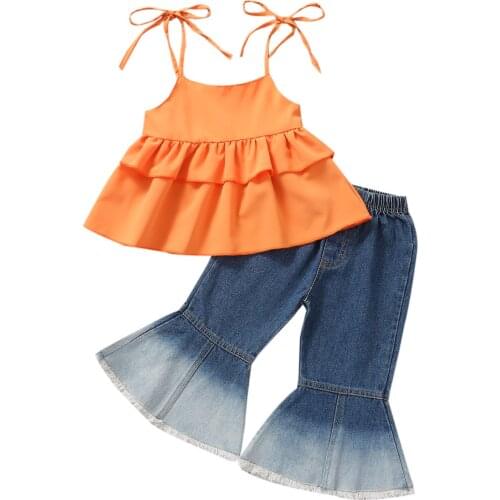 2-6 Years Fashion Summer Girls Clothes Set Sleeveless Crew Neck Ruffle Lace-up Sling Striped Tops + Gradient Color Flared Jeans