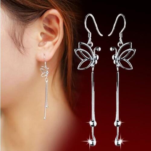 New Fashion 925 Sterling Silver Tassel Butterfly Chain Earrings Vintage European And American Womens Stud Earrings Gift CY055