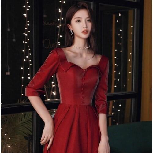 New wine squared neck half sleeve lady girl princess bridesmaid banquet party prom performance dance ball dress gown free ship