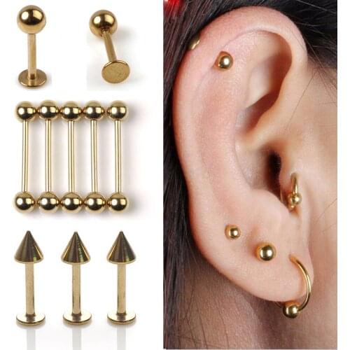 5PCS/Lot Gold Stainless Steel Sexy Eyebrow Nose Lip Ear Ring Tragus Earring Tongue Piercing Body Jewelry 16G 17G 18G 19G