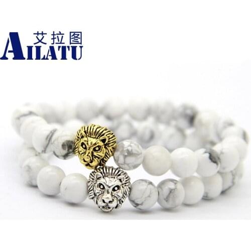 Ailatu Mens Gift Jewelry 8mm Natural White Howlite Beads Plated Lion Head Bracelet