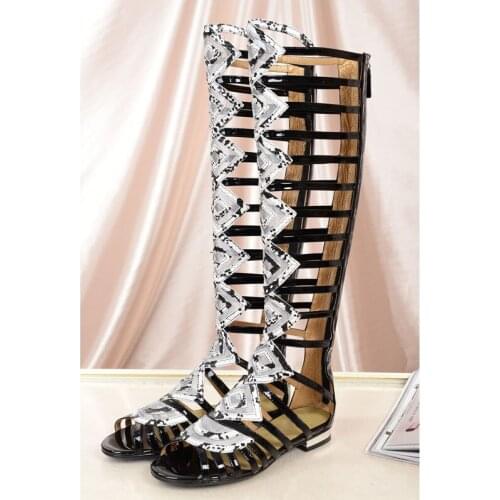 Girls Shiny Python Leather Geometric Mesh Patchwork Knee High Sandals Boots Summer Strappy Hollow out Low Heels Long Botas