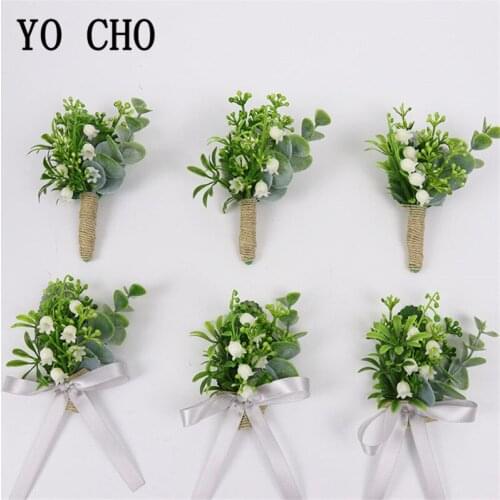 YO CHO Forest Style Boutonniere Lily of the Valley Girl Bracelet Wrist Corsage Artificial Flower Plant Men Wedding Boutonniere