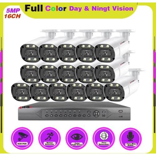 CHHSV H.265 16ch POE NVR Kit CCTV Camera Security System Outdoor Waterproof 5MP Color Night Vision Video Surveillance