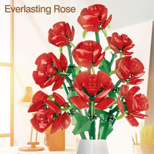 Ideas Bouquet Rose Flowers Building Blocks Brocks Gifts for Girls Home Furnishings Bricks Assembling DIY Education Toys