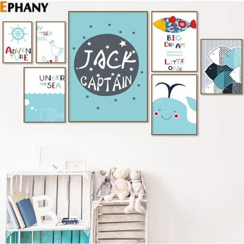 Kawaii Nursery Sea Animals Wall Art Vintage Cartoon Canvas Painting Decoracion Picture Poster for Children Boy Bedroom Decor