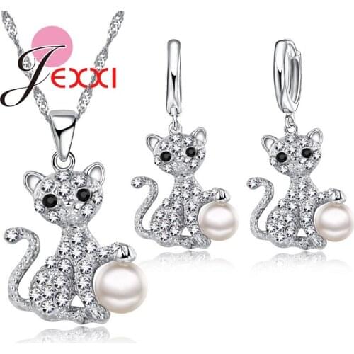 Lovely Full African AAA Crystal Cat Pendant Necklace + Earrings Sets 925 Sterling Silver Pearl Wedding Jewelry Sets
