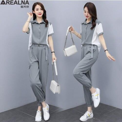 Casual 2 Piece Sets Womens Suit Tracksuits Set Korean fashion Cotton Linen blouse + Harem pant suits Plus Size 2pcs Outfits 3XL