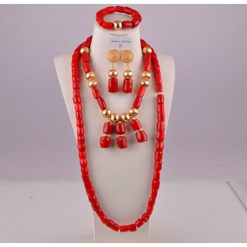 Beautiful Red Coral Beads African Jewelry Set Nigerian Wedding Coral Set Earings and Necklace C41-03